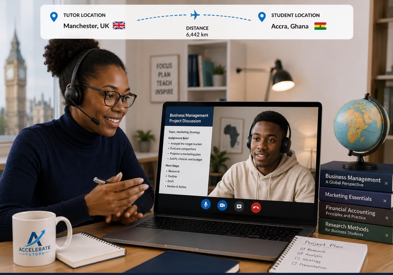 Tutor in Manchester, UK teaching a student in Accra, Ghana over video call