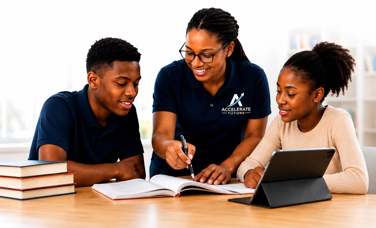 An Accelerate Tutors tutor working with two students